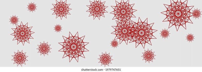 Holiday Horizontal Santa Bright Mandala Design Pic. Print White Red Stars Snow Pattern. Ornamental Winter New Year Chaotic Snowflakes Sky Background. Grey Christmas Silver Winter Composition.
