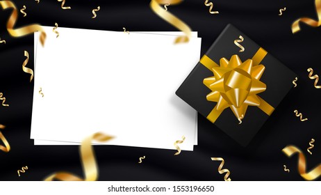 Holiday horizontal template for your arts with copy space. Festive background with bokeh effect, two white sheets and falling golden ribbons. Vector illustration with confetti and realistic gift box.