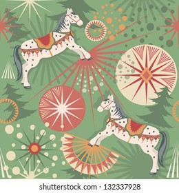 Holiday horses. Seamless colorful pattern background. Retro style.