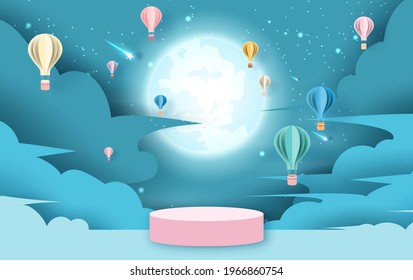 Holiday of hot air balloons on abstract cloud in full moon and shooting star night sky background with pink stage podium and blank space for product. Paper cut and craft style. vector, illustration.