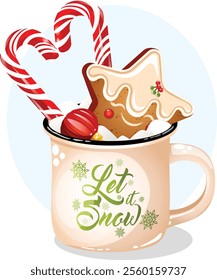 Holiday Hot Chocolate Mug with Star Shaped Gingerbread Cookie, Marshmallows, Candy Canes Heart and Marzipan Bauble Toppings. Let it Snow, Festive Mug Graphic Art