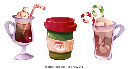 Holiday hot chocolate set with festive beverages - glass cups filled with cocoa topped with whipped cream, candy canes, marshmallows and decorative Christmas takeaway mug. Cozy winter drinks.