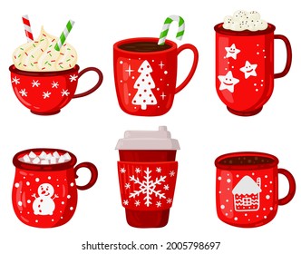 Holiday hot drinks. Christmas winter drinks, latte, cappuccino and hot cocoa marshmallows vector illustration. Cozy mugs with christmas drinks. Cup of cappuccino and cocoa, chocolate with marshmallow