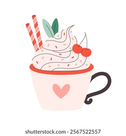 Holiday hot drinks with festive topping in cute mug. Creamy coffee, hot chocolate, hot cocoa. Perfect for celebration Valentine Day. Vector illustration in flat style