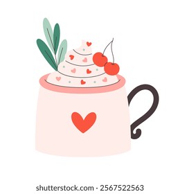 Holiday hot drinks with festive topping in cute mug. Creamy coffee, hot chocolate, hot cocoa. Perfect for celebration Valentine Day. Vector illustration in flat style