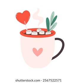 Holiday hot drinks with festive topping in cute mug. Creamy coffee, hot chocolate, hot cocoa. Perfect for celebration Valentine Day. Vector illustration in flat style