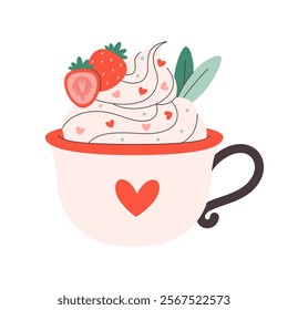 Holiday hot drinks with festive topping in cute mug. Creamy coffee, hot chocolate, hot cocoa. Perfect for celebration Valentine Day. Vector illustration in flat style