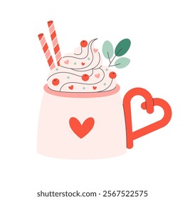 Holiday hot drinks with festive topping in cute mug. Creamy coffee, hot chocolate, hot cocoa. Perfect for celebration Valentine Day. Vector illustration in flat style