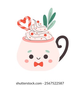 Holiday hot drinks with festive topping in cute mug. Creamy coffee, hot chocolate, hot cocoa. Perfect for celebration Valentine Day. Vector illustration in flat style