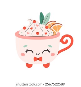 Holiday hot drinks with festive topping in cute mug. Creamy coffee, hot chocolate, hot cocoa. Perfect for celebration Valentine Day. Vector illustration in flat style