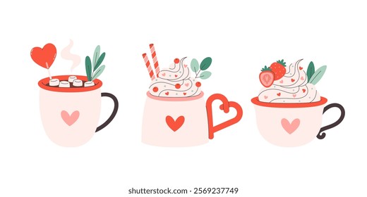 Holiday hot drinks with festive topping in cute mug. Creamy coffee, hot chocolate, hot cocoa. Perfect for celebration Valentine Day. Vector illustration in flat style