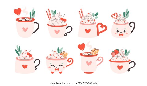 Holiday hot drinks with festive topping, marshmallow, cherry, strawberry in cute mug. Creamy coffee, hot chocolate, hot cocoa. Perfect for celebration Valentine Day. Vector illustration in flat style