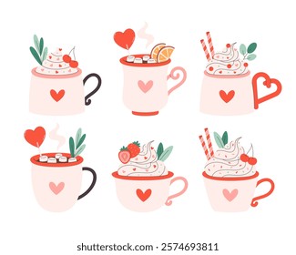 Holiday hot drinks with festive topping, marshmallow, cherry, strawberry in cute mug. Creamy coffee, hot chocolate, hot cocoa. Perfect for celebration Valentine Day. Vector illustration in flat style