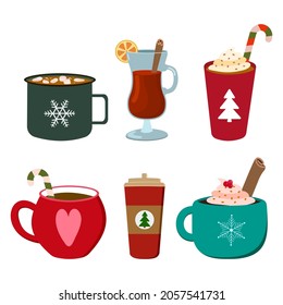 Holiday hot winter drinks set: coffee cups with cream, mugs with marshmallows, mulled wine. Vector illustration. Isolated on white background.