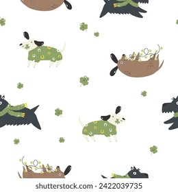 Holiday Hounds St. Patrick's Day background. Irish Doggy Delight Seamless Pattern, Digital Paper