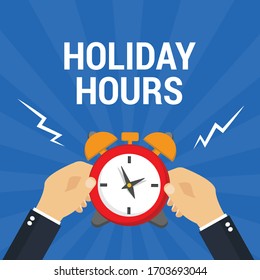 holiday hours concept - business hand holding alarm clock.Conceptual vector illustration in flat style design.Isolated on background.