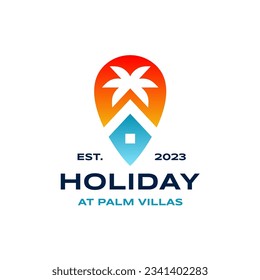 Holiday house or villa and palm tree logo vector illustration