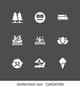 holiday icon. 9 holiday set with boat, stunned, swimming pool and bus vector icons for web and mobile app