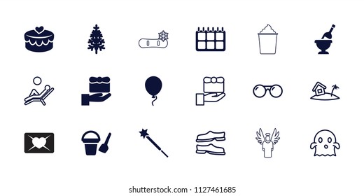 Holiday icon. collection of 18 holiday filled and outline icons such as bucket toy for beach, gift, pine-tree, heart lock, slippers. editable holiday icons for web and mobile.