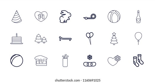 Holiday icon. collection of 18 holiday outline icons such as rabbit, balloon, socks, snowflake, plastic ball, party pipe, sunbed. editable holiday icons for web and mobile.