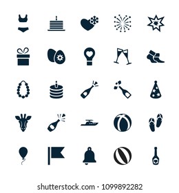 Holiday icon. collection of 25 holiday filled icons such as giraffe, present, flip flops, opened champagne, bulb heart. editable holiday icons for web and mobile.