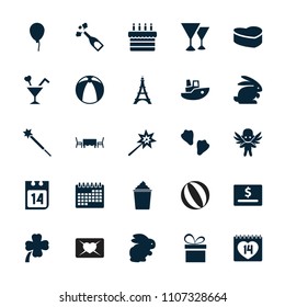 Holiday icon. collection of 25 holiday filled icons such as rabbit, baloon, sparklers, 14 date, cocktail, restaurant table. editable holiday icons for web and mobile.