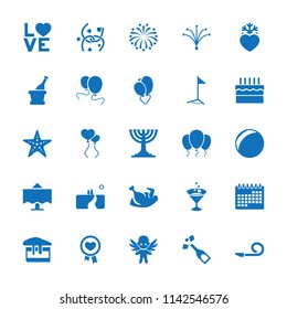 Holiday icon. collection of 25 holiday filled icons such as plastic ball, love word, heart balloons, heart frozen, cake, fireworks. editable holiday icons for web and mobile.