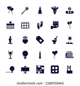 Holiday icon. collection of 25 holiday filled icons such as giraffe, flip flops, balloon, gift, snowflake, tree and bench. editable holiday icons for web and mobile.