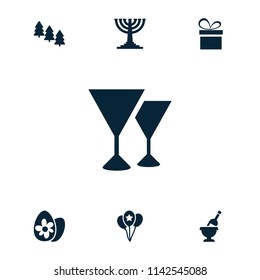 Holiday icon. collection of 7 holiday filled icons such as pine tree, balloon, menorah, present, wine glass, champagne. editable holiday icons for web and mobile.