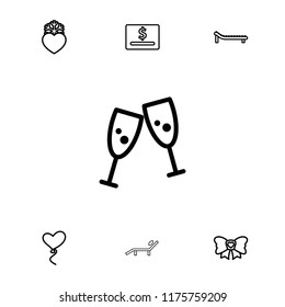 Holiday icon. collection of 7 holiday outline icons such as glasses clink, dollar card, heart balloons, bow, heart frozen. editable holiday icons for web and mobile.
