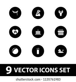 Holiday icon. collection of 9 holiday filled icons such as party hat, plastic ball, mask, home on island, cake with one candle. editable holiday icons for web and mobile.