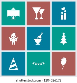 Holiday icon. collection of 9 holiday filled icons such as angel, christmas tree, restaurant table, balloon, party hat. editable holiday icons for web and mobile.