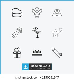 Holiday icon. collection of 9 holiday outline icons such as present, cake, heart cake, cocktail, opened champagne, swan heart. editable holiday icons for web and mobile.