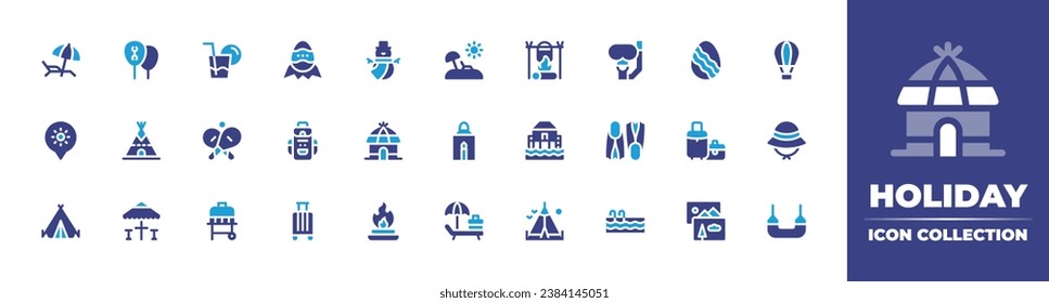 Holiday icon collection. Duotone color. Vector and transparent illustration. Containing sun umbrella, beach, holidays, lantern, tent, work, easter egg, backpack, luggage, travel, pictures, terrace.