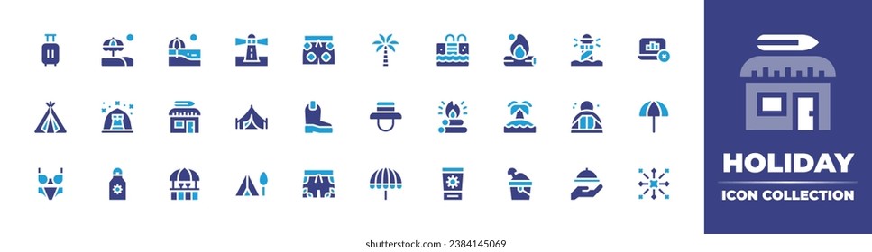 Holiday icon collection. Duotone color. Vector and transparent illustration. Containing tent, camping tent, food tray, lighthouse, beach umbrella, pool, bonfire, sun protection, sun lotion, bikini.
