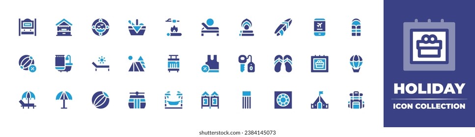 Holiday icon collection. Duotone color. Vector and transparent illustration. Containing picnic basket, booking, camp, calendar, cable car, tent, marshmallow, sleeping bag, luggage, hot air balloon.