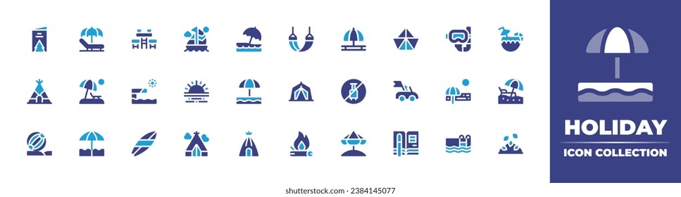 Holiday icon collection. Duotone color. Vector and transparent illustration. Containing sunbed, umbrella beach, no holidays, beach, sun umbrella, sailboat, dive, coconut, tent, leaves, sunset, swim.