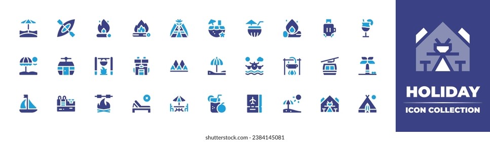 Holiday icon collection. Duotone color. Vector and transparent illustration. Containing beach, cocktail, sun umbrella, sailing boat, juice, canoe, coconut drink, cable car, flying, bonfire, baggage.