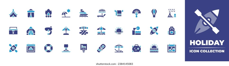 Holiday icon collection. Duotone color. Vector and transparent illustration. Containing camping tent, sun bath, picnic table, backpack, hotel, nature, beach, hot air balloon, cottage, sunset, tent.