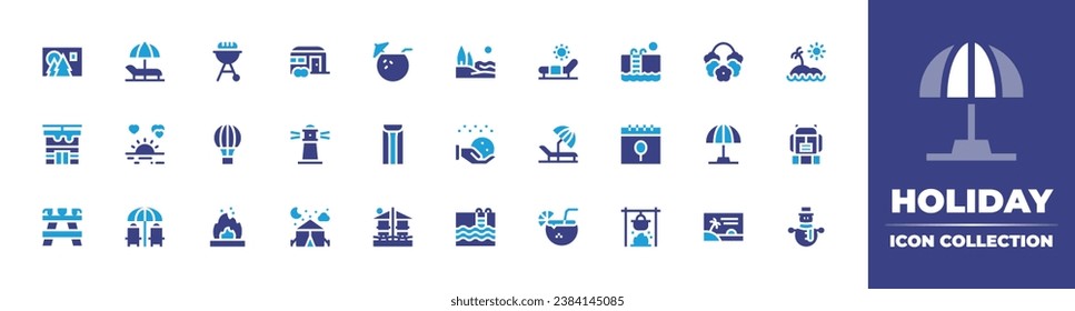 Holiday icon collection. Duotone color. Vector and transparent illustration. Containing sunbed, sunset, holidays, vacation, coconut drink, caravan, necklace, coconut, island, mat, backpack, beach.