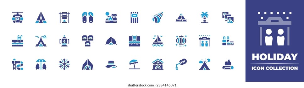 Holiday icon collection. Duotone color. Vector and transparent illustration. Containing cable car, inflatable, swimming pool, aquapark, beach umbrella, tent, conch, sailboat, flip flops, palm tree.