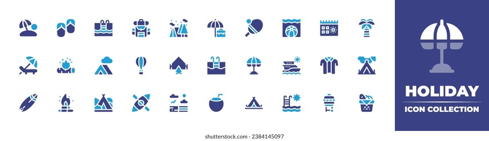 Holiday icon collection. Duotone color. Vector and transparent illustration. Containing holiday, holidays, beach chair, swimming pool, surfboard, coconut drink, flip flops, ping pong, bonfire, sun.