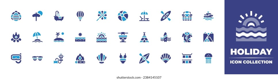 Holiday icon collection. Duotone color. Vector and transparent illustration. Containing beach umbrella, sun umbrella, teepee, sun glasses, kayak, sparkler, boat, sunset, camping tent, clam, jellyfish.