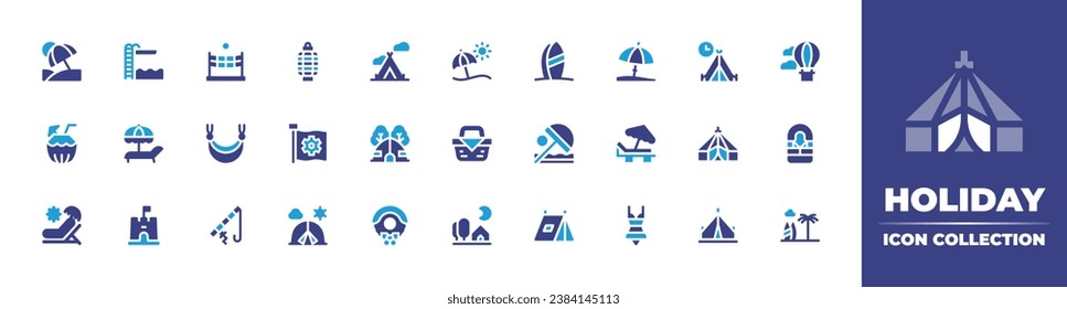Holiday icon collection. Duotone color. Vector and transparent illustration. Containing vacation, sun umbrella, coconut drink, basket, sunbed, tent, trampoline, surfing, deck chair, beach, sand castle