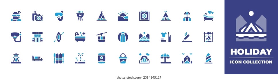 Colección de iconos de vacaciones. Color de duotona. Ilustración vectorial y transparente. Con buceo libre, tipi, baño, incienso, barbacoa, terraza, cubeta de arena, sol, parque acuático, máscara de buceo, bola de playa, carpa.