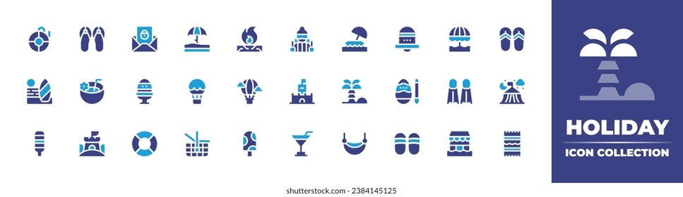 Holiday icon collection. Duotone color. Vector and transparent illustration. Containing easter egg, painting egg, greeting card, bell, hot air balloon, camping tent, bonfire, flip flops, ice cream.