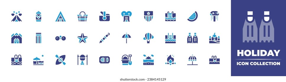Holiday icon collection. Duotone color. Vector and transparent illustration. Containing camping, pool, binoculars, swimming pool, pot on fire, beach umbrella, beach bag, watermelon, starfish, fins.