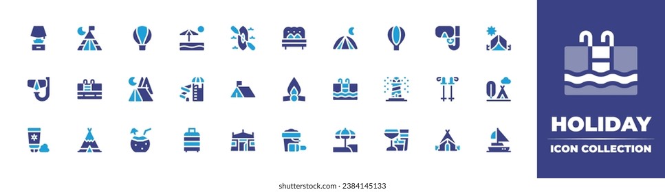 Holiday icon collection. Duotone color. Vector and transparent illustration. Containing tent, swimming pool, pool, teepee, beach umbrella, coconut water, cocktails, kayak, camp, sail boat.