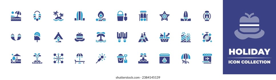 Holiday icon collection. Duotone color. Vector and transparent illustration. Containing necklace, slides, popsicle, wigwam, island, starfish, camping, picnic, fireworks, diwali, bonfire, kerosene lamp