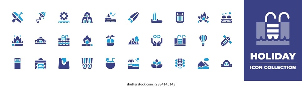 Holiday icon collection. Duotone color. Vector and transparent illustration. Containing kite, surfboard, tent, all inclusive, beach cabana, spa, sailboat, beach, cable car cabin, canoeing, coconut.